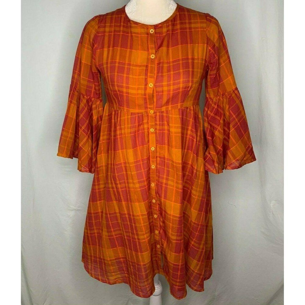 Emberley Downeast Jessica Dress XS Orange Pink Plaid Button Front Bell Sleeves - Picture 2 of 6